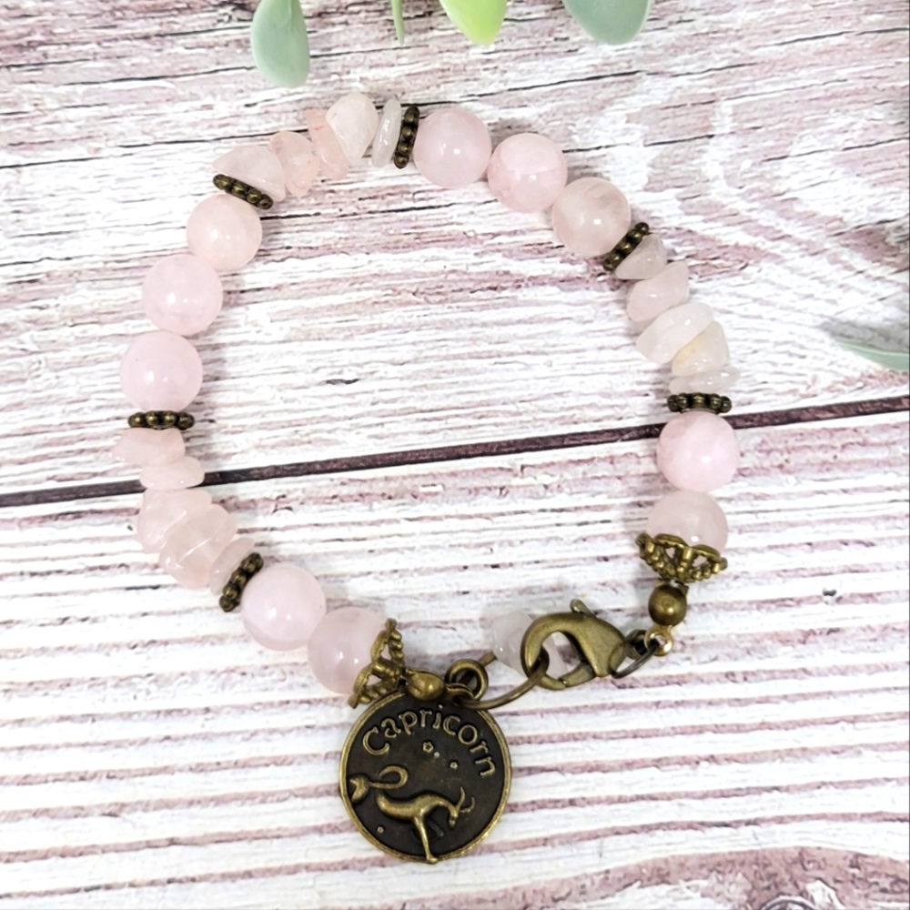 Handmade Rose Quartz Crystal Beaded Bracelet w/ Zodiac Charm